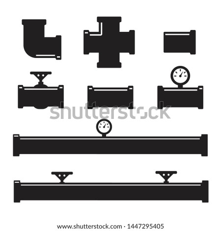 Pipes and fittings, tap. Pipe fittings vector icons set