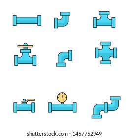 Pipes and fittings, tap. Vector icons lineart. Sewage and Drainage