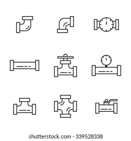 Pipes and fittings, tap. Vector icons lineart. Sewage and Drainage