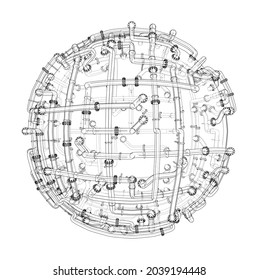 Pipes with flanges around a large sphere. Industry Concept. Vector rendering of 3d. Wire-frame style