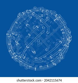 Pipes with flanges around a large sphere. Industry Concept. Vector rendering of 3d. Wire-frame style