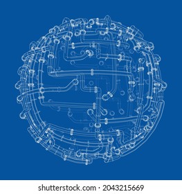 Pipes with flanges around a large sphere. Industry Concept. Vector rendering of 3d. Wire-frame style