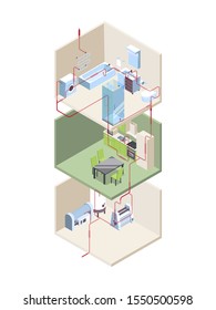 Pipes installation. House crossection with hot and cold water pipes modern systems vector isometric