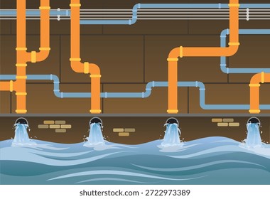 Instalações de tubulações em túneis subterrâneos ilustração de vetor de fundo, túnel de esgoto com esgoto sujo, tecnologia de tubulação industrial para construção inteligente e projetos de engenharia.