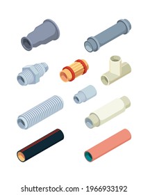 Pipes isometric. Industrial pictures of pvc plastic pipes repairing details for bathroom garish vector valves industrial connectors