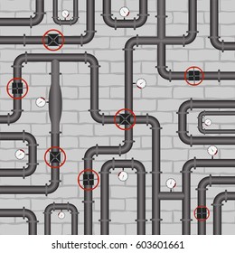 A lot of pipes on a light brick background