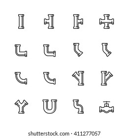 Pipes and pipeline fittings vector icon set in thin line style