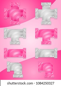 Pipes Plumbing Color Pink and Gray candy icon set. Vector assets for web or game design. Decorative GUI elements, Cartoon colorful glossy button set, isolated on pink bright background.