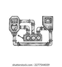 Pipes rusty old dirty in steampunk style, hand drawn watercolor monochrome drawing, steampunk stylized. Vector illustration