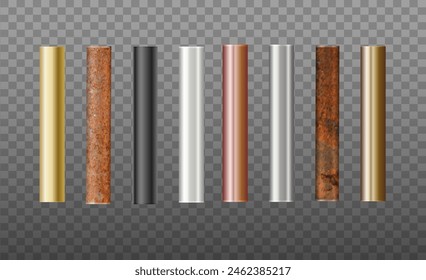 Pipes Set of metal. Pipe profiles in steel, cast iron, aluminum, copper and brass. Rusty Pipe. Vector