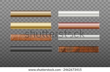 Pipes Set of metal. Pipe profiles in steel, cast iron, aluminum, copper and brass. Rusty Pipe. Vector