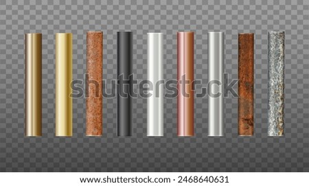 Pipes Set of metal. Pipe profiles in steel, cast iron, aluminum, copper and brass. Rusty Pipe. Vector