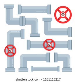 Pipes set. Piping and pipeline systems. Water pipes, valves and connectors. Vector illustration