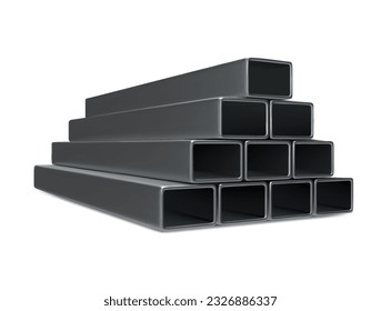 Pipes stack, square  straight steel metal. Industrial pieces for conducting factory or construction works isolated on white background, realistic 3d vector set