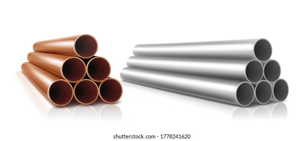 Pipes stack, straight steel or copper, metal or pvc plumbing cylinders. Industrial pieces of pipelines for conduit, factory or construction works isolated on white background. realistic 3d vector set