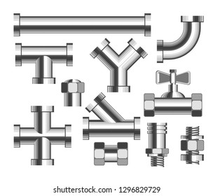 Pipes and tubes plumbing and building materials vector crane and nozzle bathroom water piping construction elements metal details and parts adapters replacement and household isolated objects.