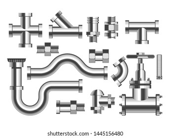 Pipes and tubes plumbing and building materials vector crane and nozzle bathroom water piping construction elements metal details and parts adapters replacement and household isolated objects.