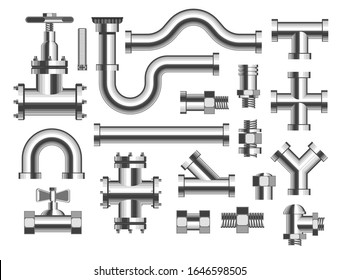 Pipes and tubes, plumbing and building materials vector. Crane and nozzle, bathroom water piping construction elements, metal details and parts. Adapters replacement and household isolated objects