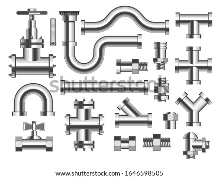 Pipes and tubes, plumbing and building materials vector. Crane and nozzle, bathroom water piping construction elements, metal details and parts. Adapters replacement and household isolated objects