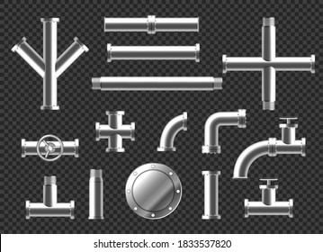 Tubos y accesorios de tubería de tubería de tubos de conexión 3d realistas. Gasoducto metálico o plástico con válvulas, hilos y grifos. Conexiones ramificadas metálicas de acero inoxidable aisladas sobre fondo transparente