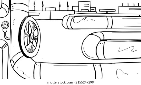 Pipes and valve in a linear style on a white background. Concept with gas pipeline, sewerage, water supply. Vector illustration with pipes.