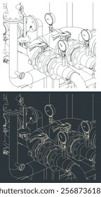 Pipes valves and manometers close-up blueprints. Industrial equipment and communications