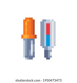 Pipet and thermometer pixel art icon. Pipette isolated vector illustration. 8-bit sprite. Design for harmacy, science, medicine, technology, education, stickers, logo, mobile app.