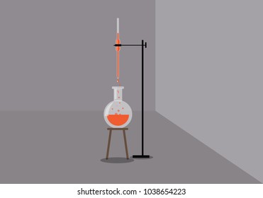 pipette is attached to stand flask is on stool under pipette acid is pouring to pipette to flask
