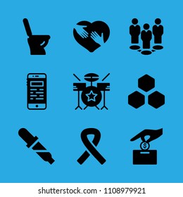 pipette, beehive, smartphone, drum set, shaking hands inside a heart, make a donation, awareness ribbon, toilet and group vector icon. Simple icons set