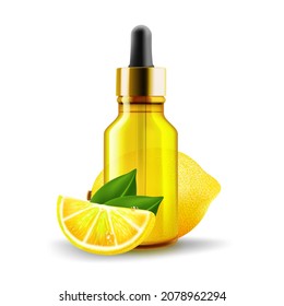 Pipette bottle for lemon oil, for design and advertising. On white background.