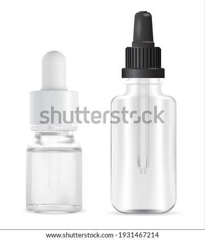 Pipette bottle. Serum dropper flask, white glass bottle. Medical essence vial, pipette cap, transparent package. Realistic medicine pipette container, clean empty nasal packaging, eye dropper