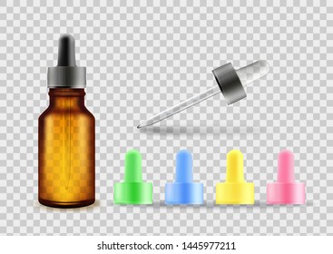 Pipette bottle and a set of caps of different colors for design and advertising, vector mockup.