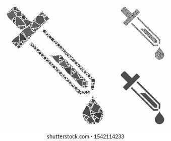 Pipette composition of rugged items in different sizes and color tones, based on pipette icon. Vector bumpy items are combined into composition. Pipette icons collage with dotted pattern.