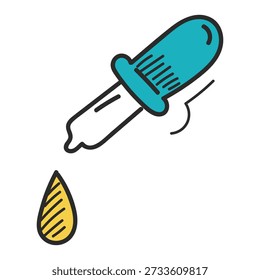 Pipette doodle icon vector isolated. Hand-drawn illustration of a tool used in medicine, design and chemistry. Eyedropper symbol. Yellow drop falling from pipette.