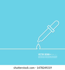 Pipette with drip liquid in a linear style. Vector icon with a pipette on a blue background.