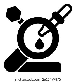 Pipette drop with magnifier solid icon, genetic research concept. Vector graphics. Laboratory test experiment sign on white background, glyph style mobile or design