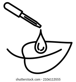 Pipette with a drop over the leaf. Treatment of plant diseases. Cosmetics made from natural raw materials. Gardening, agronomy. Vector icon, outline, isolated. Editable stroke