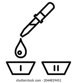 Pipeta con gota, dos tazas - equipo para experimentos químicos, análisis médico, perfumería, aromaterapia. Icono, vector, contorno, aislado. Trazo editable.