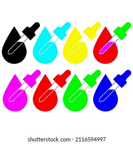 El cuentagotas con una gota grande. Conjunto de ilustraciones vectoriales coloridas y brillantes e iconos. Plantilla modificable.