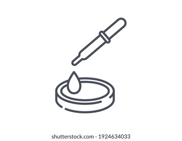 Pipette or dropper dispensing a liquid by drops onto a petri dish with culture medium in a laboratory, line drawn black and white vector illustration isolated on white background