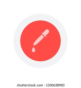 Pipette or dropper and drop, icon of medical instrument. Icon in colored circle with gray bold border. Web button, modern flat design