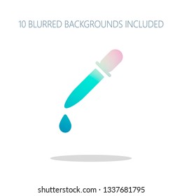 Pipette or dropper and drop, icon of medical instrument. Colorful logo concept with simple shadow on white. 10 different blurred backgrounds included