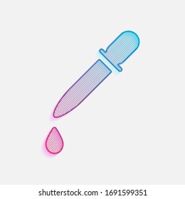 Pipette or dropper and drop, icon of medical instrument. Colored logo with diagonal lines and blue-red gradient. Neon graphic, light effect