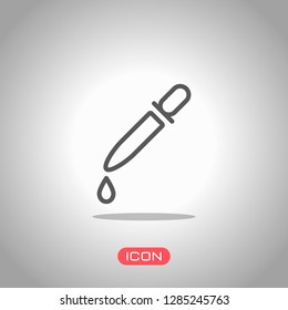 Pipette or dropper and drop, medical instrument, linear outline icon. Icon under spotlight. Gray background
