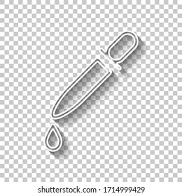 Pipette or dropper and drop, medical instrument, linear outline icon. White outline sign with shadow on transparent background