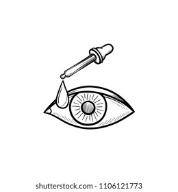 Pipette And Eye Hand Drawn Outline Doodle Icon. Medical Dropper Dropping Medicine In Eye As Treatment Of Eye Disease Concept Vector Sketch Illustration For Print, Web, Mobile And Infographics On White