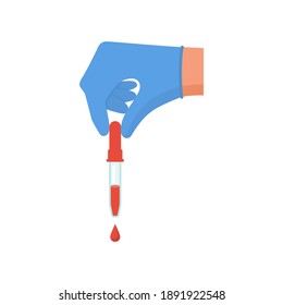 Pipette in hands doctor. Falling drop of liquid. Treatment colds. Medicament preparations. Pain killers. Vaccination flu. Vector illustration flat design. Isolated on white background.