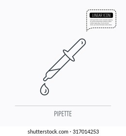 Pipette icon. Laboratory analysis sign. Linear outline icon. Speech bubble of dotted line. Vector