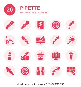 pipette icon set. Collection of 20 filled pipette icons included Dropper, Graphic design, Petri dish, Pipette, Magic tool, Straw