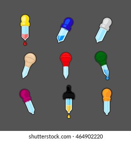 Pipette Icon. Set of different colors pipettes with blood, water or oil. Pipette vector design. 